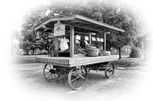 Rustic roadside stand wagon in black and white